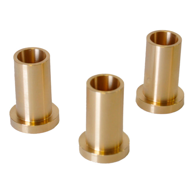 Three polished brass bushings with a smooth, shiny surface and a cylindrical shape.