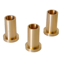 Three polished brass bushings with a smooth, shiny surface and a cylindrical shape.