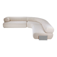 Beige curved sectional sofa with a textured, soft finish, perfect for modern living spaces.