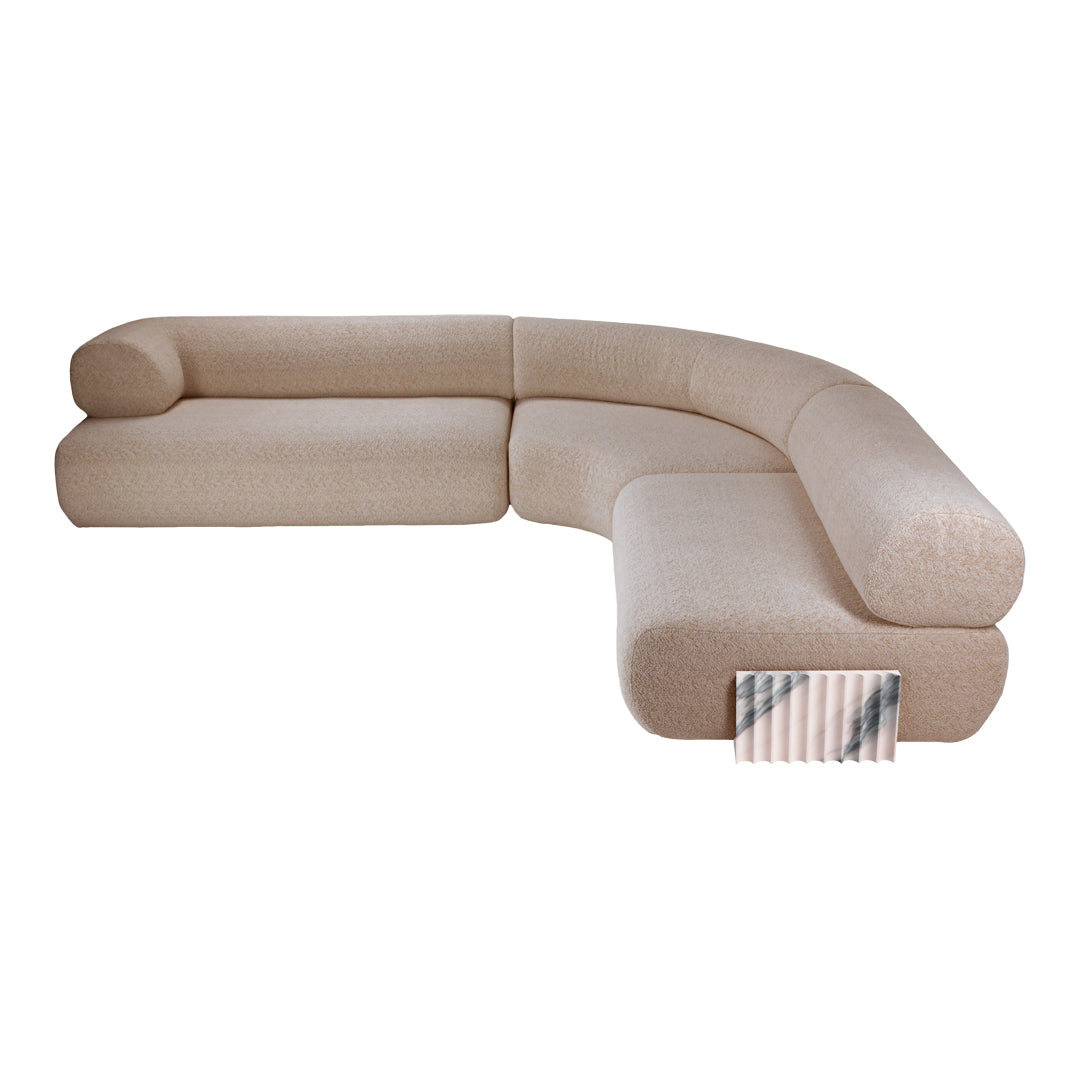 Curved beige sofa featuring subtle texture and soft, rounded edges for a modern aesthetic. Perfect for stylish interiors.