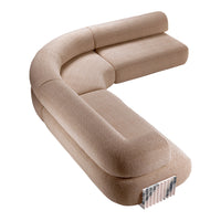 Beige curved sofa with a soft texture and minimalist design, featuring smooth, rounded edges and subtle shadows.