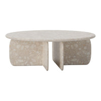 Light beige circular coffee table with a textured stone finish and smooth, natural patterns.