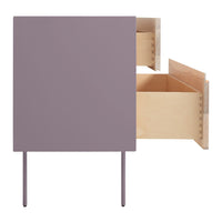 Modern purple nightstand with clean lines and a light wood drawer. Sleek minimal design perfect for any bedroom.