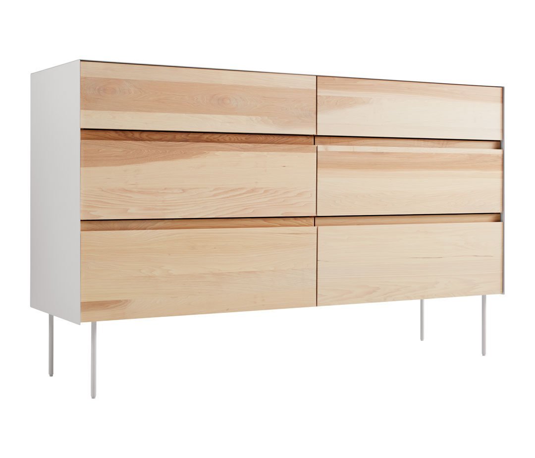 Light wood dresser with smooth, natural grain and white accents, featuring minimalistic design and six spacious drawers.