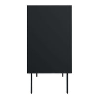 Sleek black cabinet with a matte finish and minimalist design on slim black legs. Perfect for modern decor.