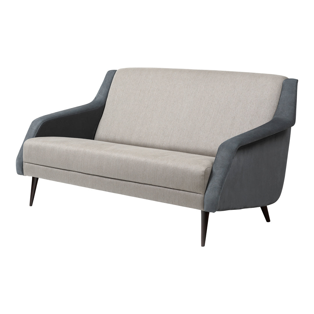 Modern two-tone sofa in light gray and dark gray, featuring a sleek pattern with tapered wooden legs.