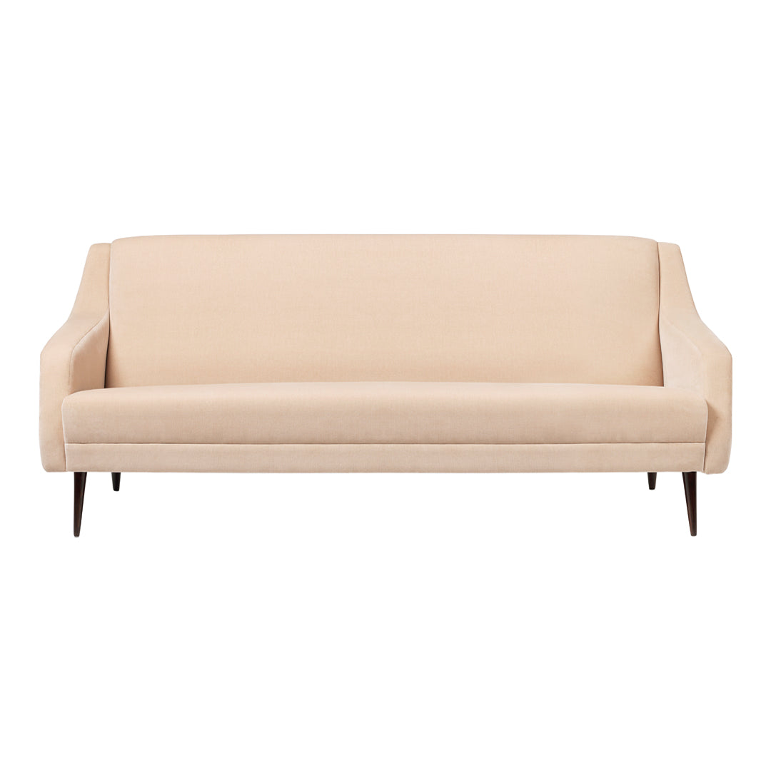 Light beige sofa with a sleek, minimalistic design and smooth texture, featuring elegant tapered legs.