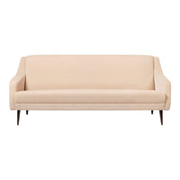 Light beige sofa with a sleek, minimalistic design and smooth texture, featuring elegant tapered legs.