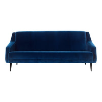 Velvet blue sofa with sleek, modern lines and tapered black legs, perfect for stylish living spaces.