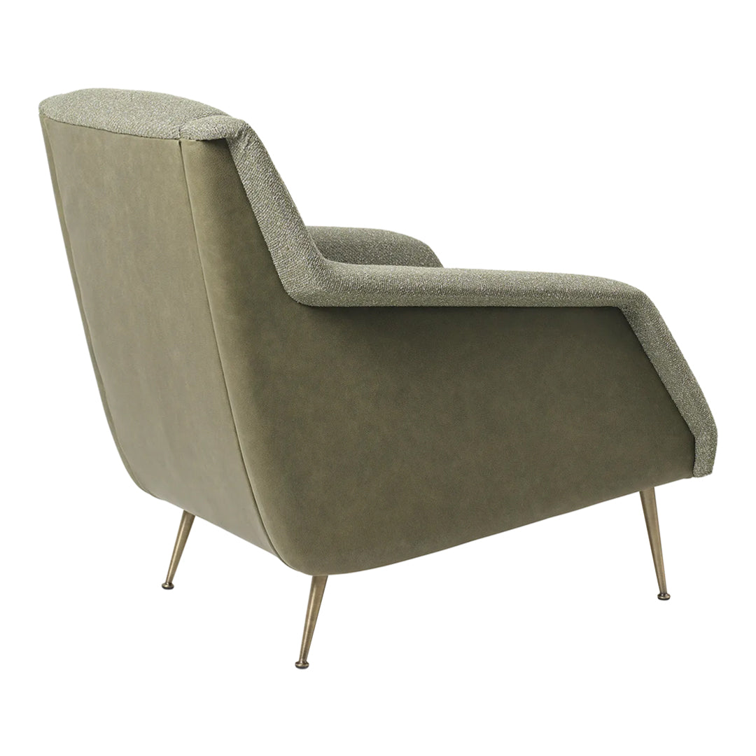Textured olive green armchair with sleek gold legs, blending modern elegance with a retro touch.