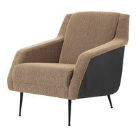 Brown textured upholstery with a sleek black base and slender black legs, offering a modern and stylish accent.