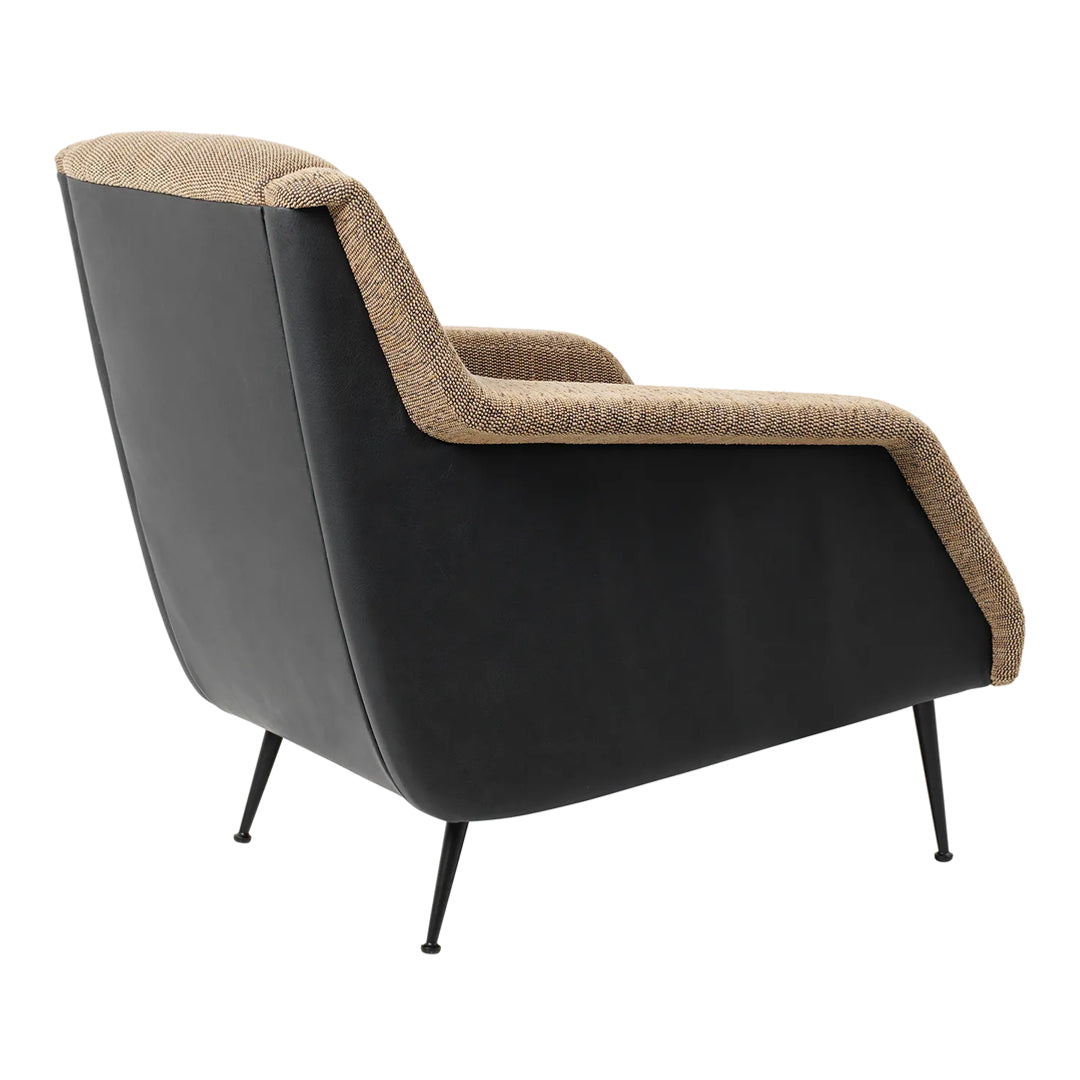 Modern armchair with a sleek black leather base and warm brown fabric upholstery, featuring a stylish geometric pattern.