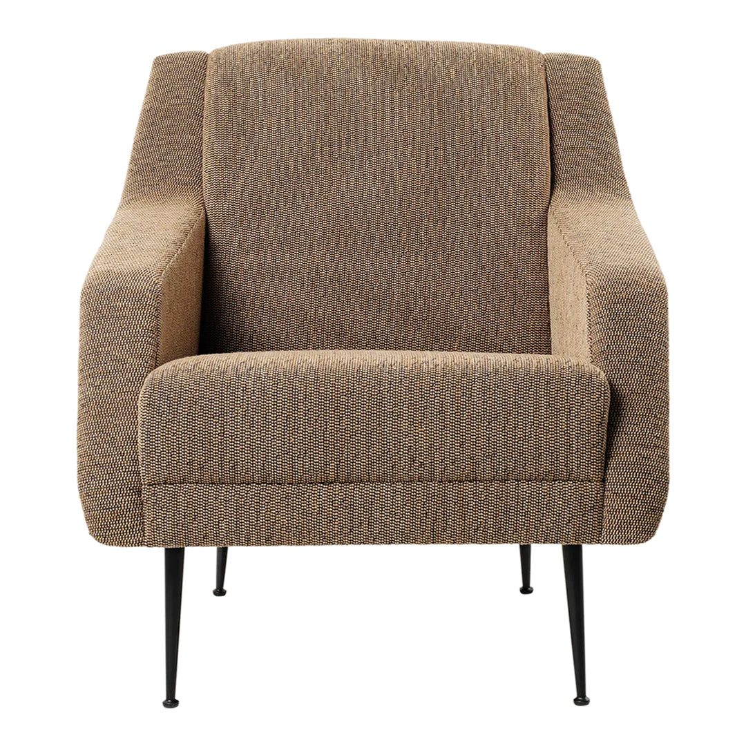 Brown textured fabric armchair with black metal legs, featuring a simple and modern design.