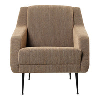 Brown textured fabric armchair with black metal legs, featuring a simple and modern design.