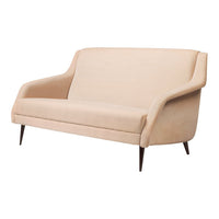Beige upholstered sofa with smooth, minimalist design and tapered wooden legs. Ideal for modern living spaces.