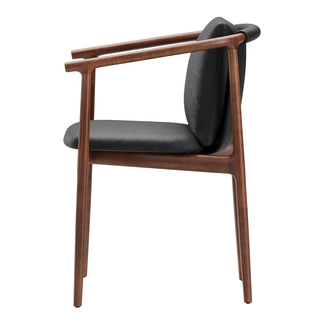 Black cushioned chair with a sleek walnut wood frame and clean, modern lines. Ideal for minimalist decor.