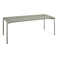 Modern rectangular dining table in soft green with a smooth, minimalist design and sturdy legs. Perfect for any space.