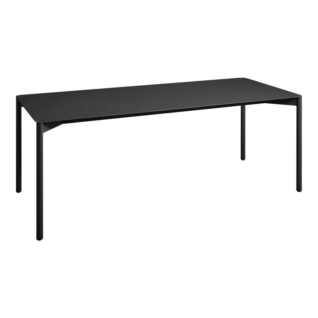 Sleek black rectangular dining table with a minimalist design and no visible patterns, perfect for modern decor.