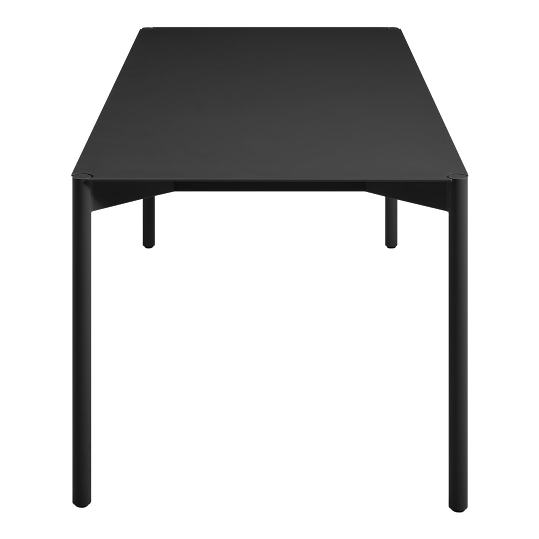 Sleek black rectangular table with a minimalist design and solid legs, perfect for modern interiors.