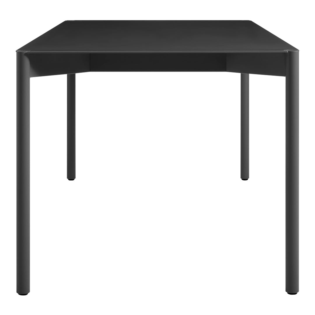 Black square table with a sleek, minimalist design and smooth surfaces. Ideal for modern decor.