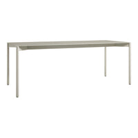 Modern, light gray rectangular table with a sleek, minimalist design and smooth, solid surface. Ideal for any decor.