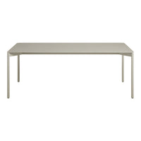 Modern rectangular dining table in soft taupe with a sleek, minimalistic design and smooth surface.