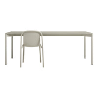 Light gray modern desk with a matching minimalist chair, featuring smooth lines and a contemporary design.