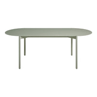 Light green oval dining table with a smooth finish and minimalist design. Perfect for modern interiors.