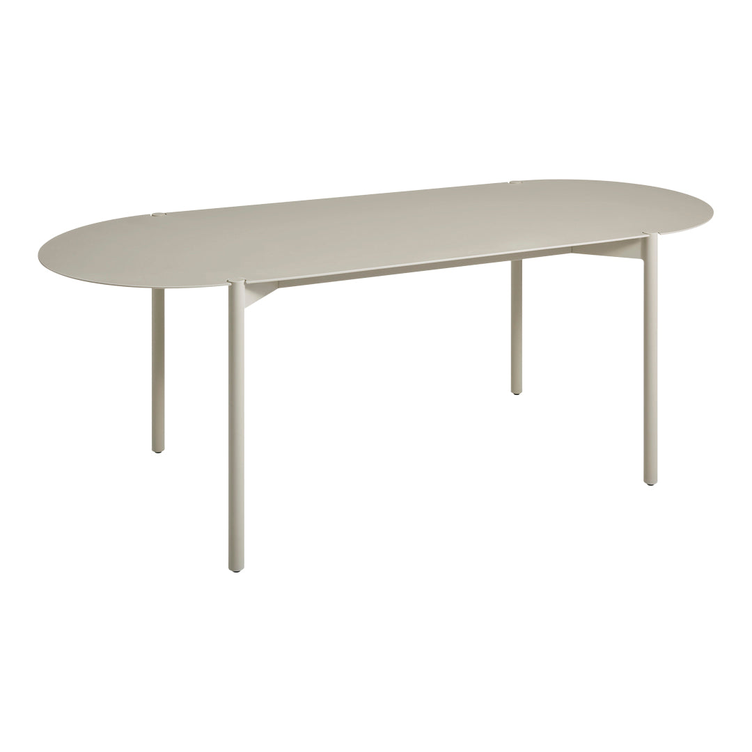 Light beige oval dining table with a smooth, minimalist design and sleek, sturdy legs. Perfect for modern decor.