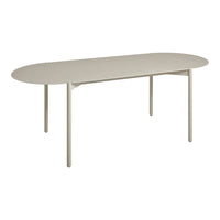 Light beige oval dining table with a smooth, minimalist design and sleek, sturdy legs. Perfect for modern decor.