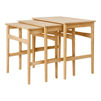 Set of three nesting tables in natural wood finish, featuring a smooth, light grain texture. Ideal for versatile decor.