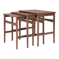 Set of three nested tables in rich brown wood finish, featuring a smooth surface and sleek, minimalist design.