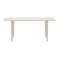 Minimalist rectangular table in soft cream color with natural wood legs, showcasing a sleek, modern design.