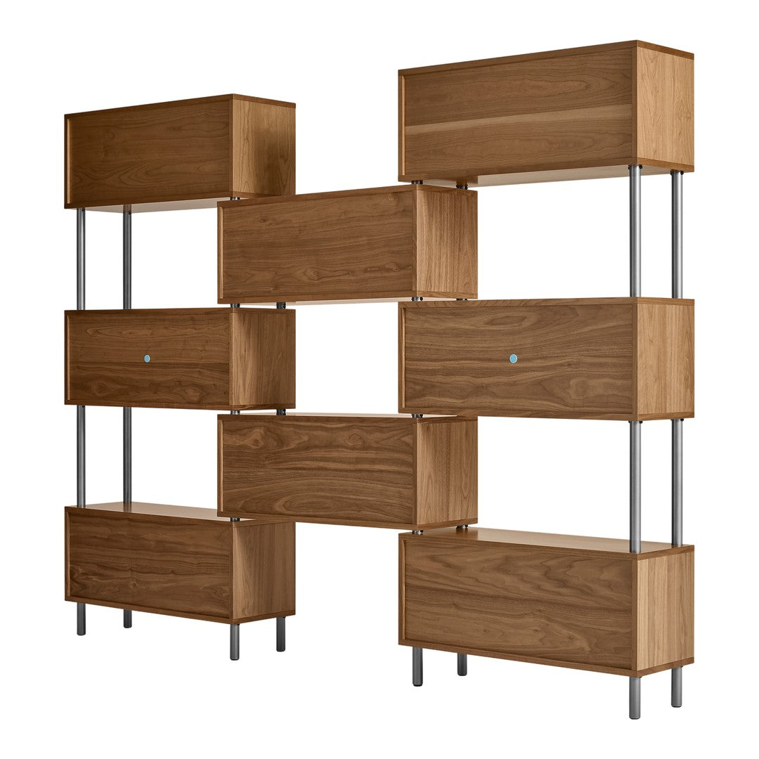 Modern wood shelving unit in warm brown tones with sleek metal accents and minimalist design. Ideal for stylish storage.
