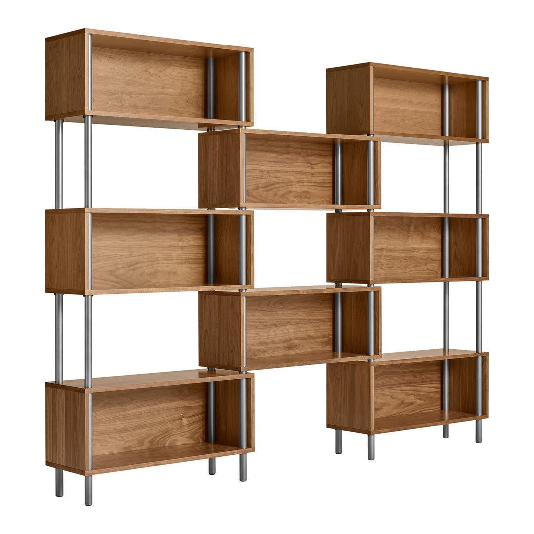 Modern wooden bookshelf with a rich brown finish and sleek silver accents, featuring an open, geometric design.