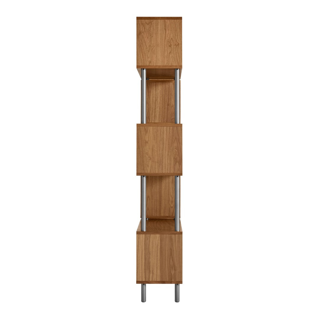 Tall wooden shelving unit in warm oak finish with silver metal accents, featuring a sleek, modern design.