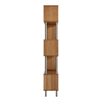 Tall wooden shelving unit in warm oak finish with silver metal accents, featuring a sleek, modern design.