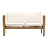 Cream upholstery sofa with wooden frame, featuring a clean, modern design and no visible patterns. Ideal for minimalist decor.