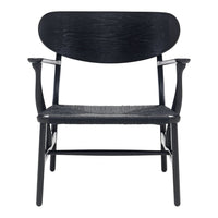 Black wooden chair with a curved backrest and woven seat, featuring a sleek, minimalist design.