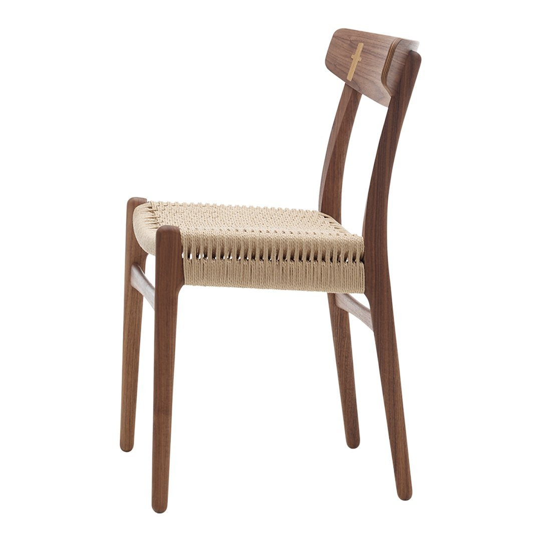 Natural wood chair with a woven rattan seat, featuring a warm brown finish and sleek, minimalist design.