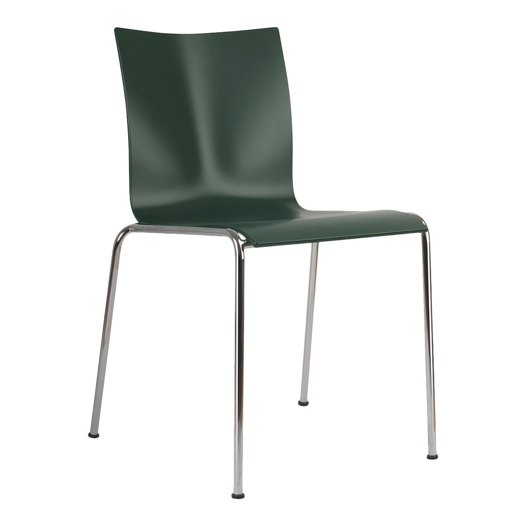 Green plastic chair with a sleek, modern design and shiny chrome legs. Ideal for contemporary spaces.