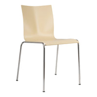 Light beige chair with a smooth surface and sleek chrome legs, ideal for modern spaces. Minimalist design, no patterns.