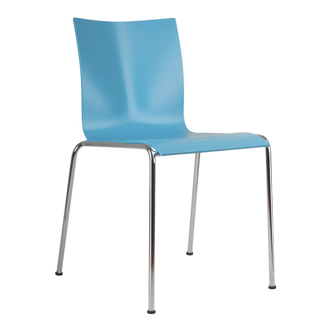 Light blue plastic chair with sleek design and chrome legs, perfect for modern interiors.
