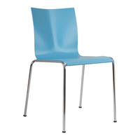 Light blue plastic chair with sleek design and chrome legs, perfect for modern interiors.