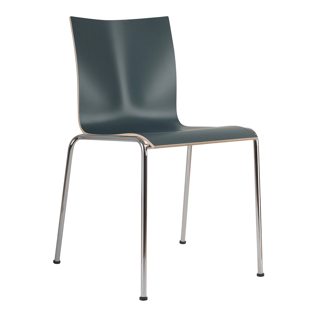 Stylish charcoal gray chair with a smooth, minimalist design and shiny chrome legs. Perfect for modern spaces.