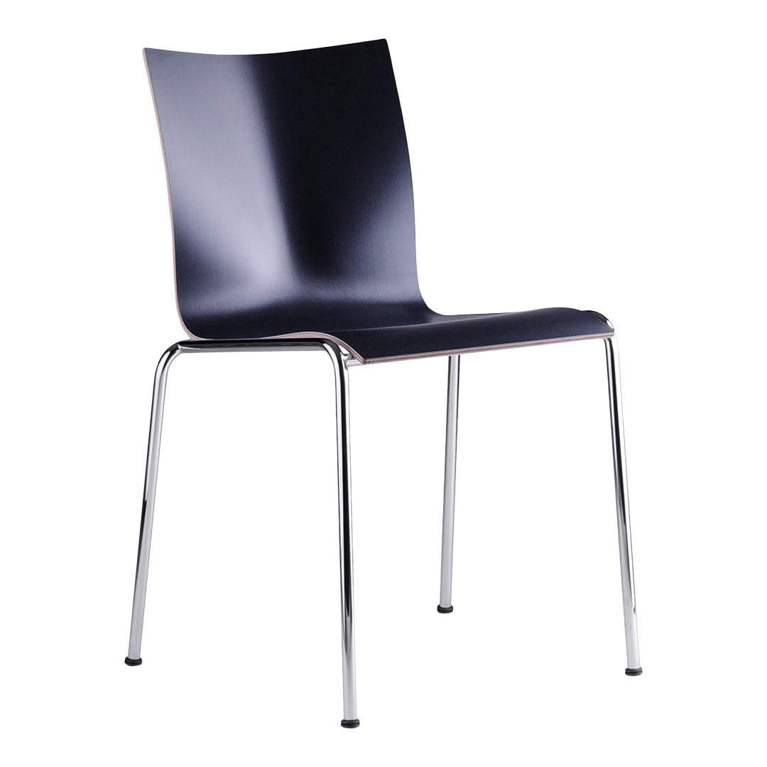 Black plastic chair with a sleek design, featuring a smooth surface and shiny chrome legs. Ideal for modern interiors.