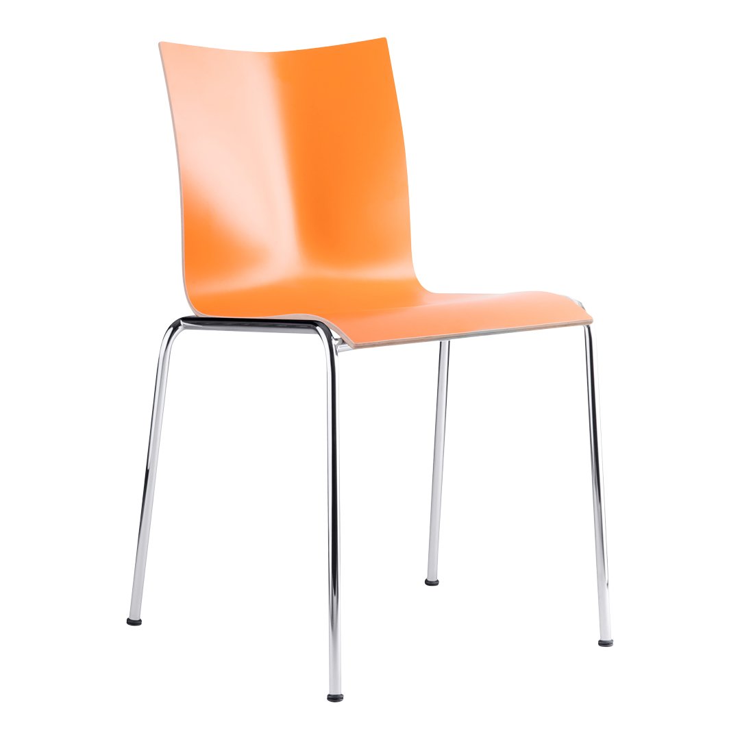 Bright orange dining chair with a sleek, modern design and a shiny chrome frame. Ideal for contemporary decor.