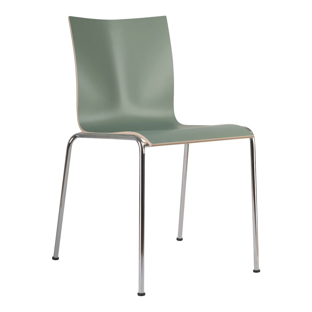 Minimalist green chair with a smooth finish and chrome legs, perfect for modern decor.