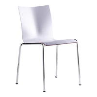 Sleek white chair with a smooth finish, complemented by shiny chrome legs for a modern aesthetic.