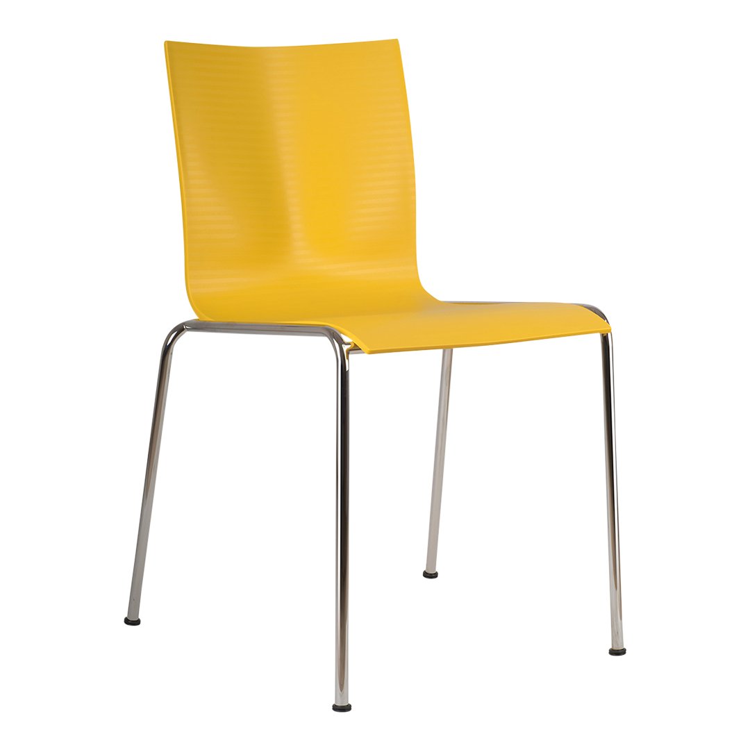 Bright yellow chair with a textured, wavy pattern and sleek chrome legs, perfect for modern spaces.